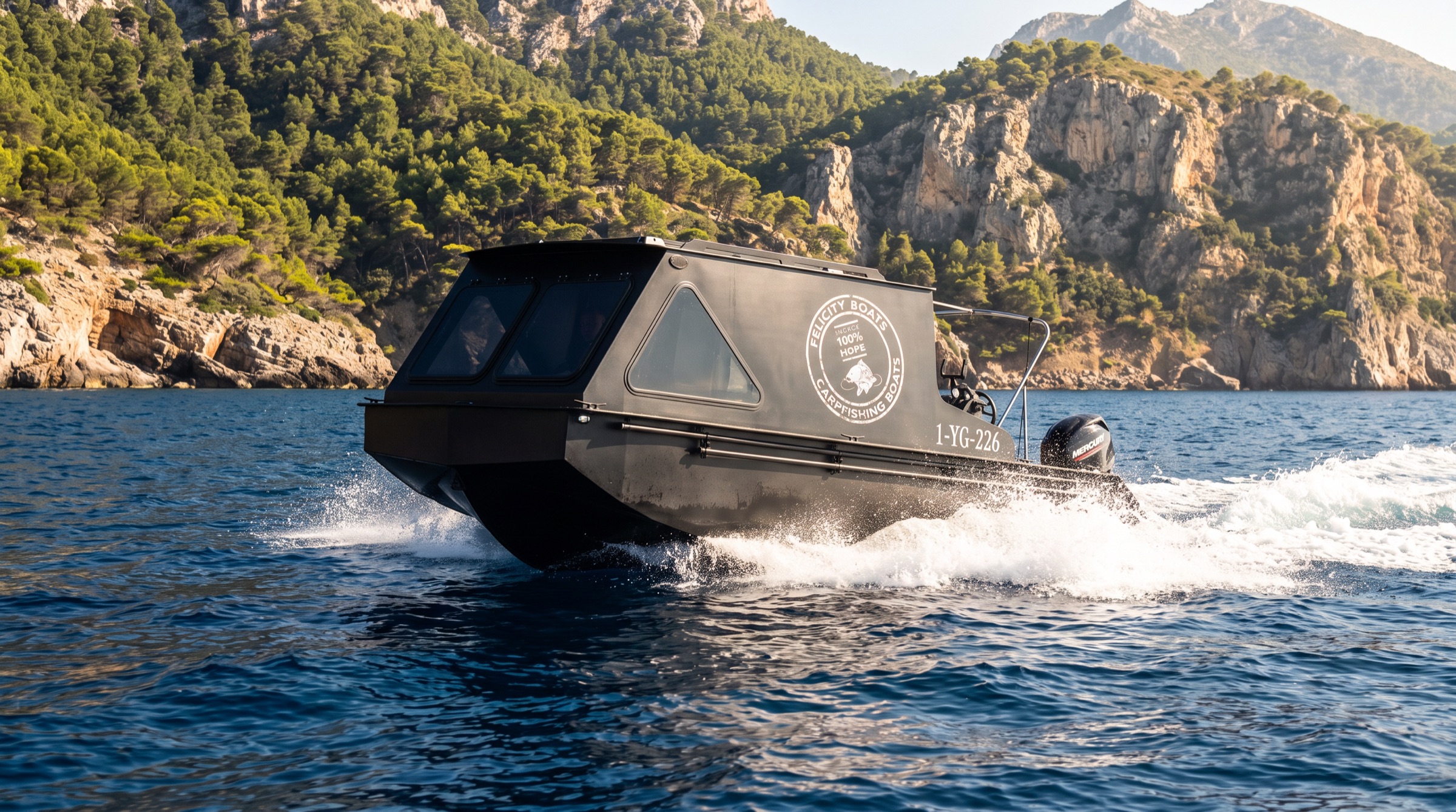 Felicity HDPE boat with cabin on open water